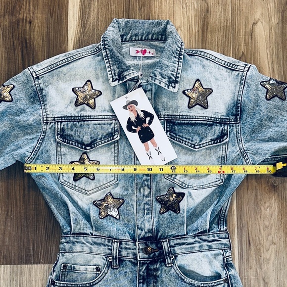 New Buddy Love Denim Dress. Raelynn style with Sequin stars, Mini, Raw edge hem - Picture 8 of 14
